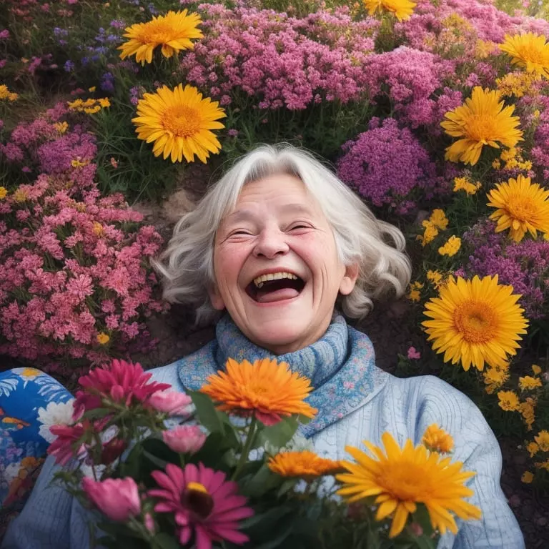 Older woman smiling in a floral setting